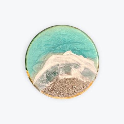 Resin Ocean Art on 9” Solid Wood Circle in Aqua - image1